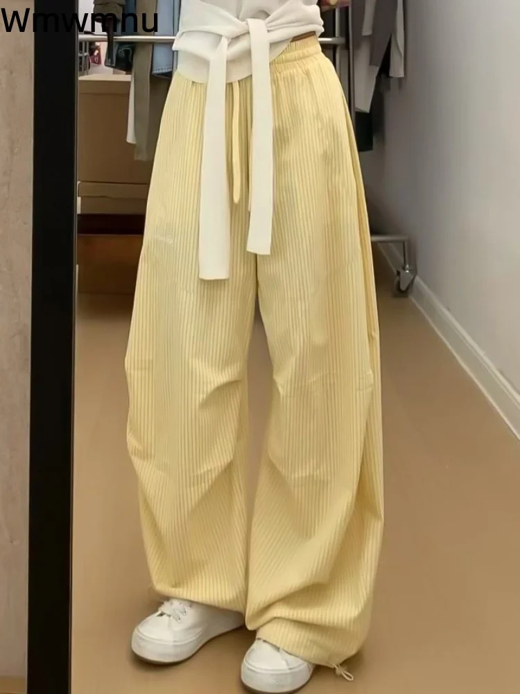 

Полосатые мешковатые брюки на шнурке, женские повседневные корейские модные брюки с высокой талией, свободные широкие прямые брюки Spodnie