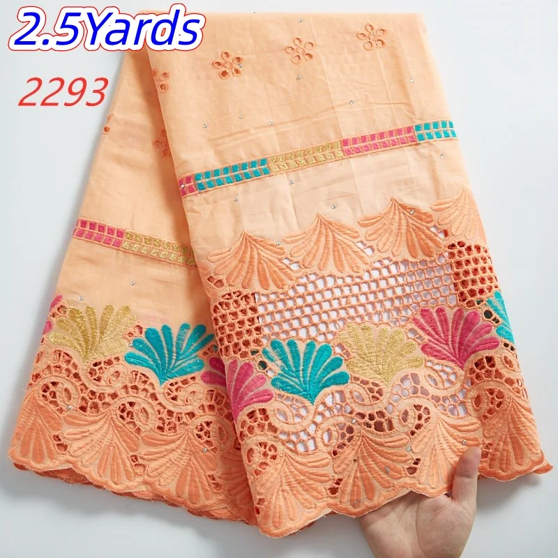 African Cotton Lace Fabric Embroidery  High Quality Swiss Voile Lace with Stones for Women Wedding Party Dresses 2.5yards