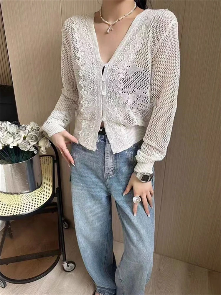 Colorfaith SWC6831JX New 2024 Lace Striped Cutout Wild Korean Fashion Knitting Cardigans Women Autumn Winter Sweaters Short Tops