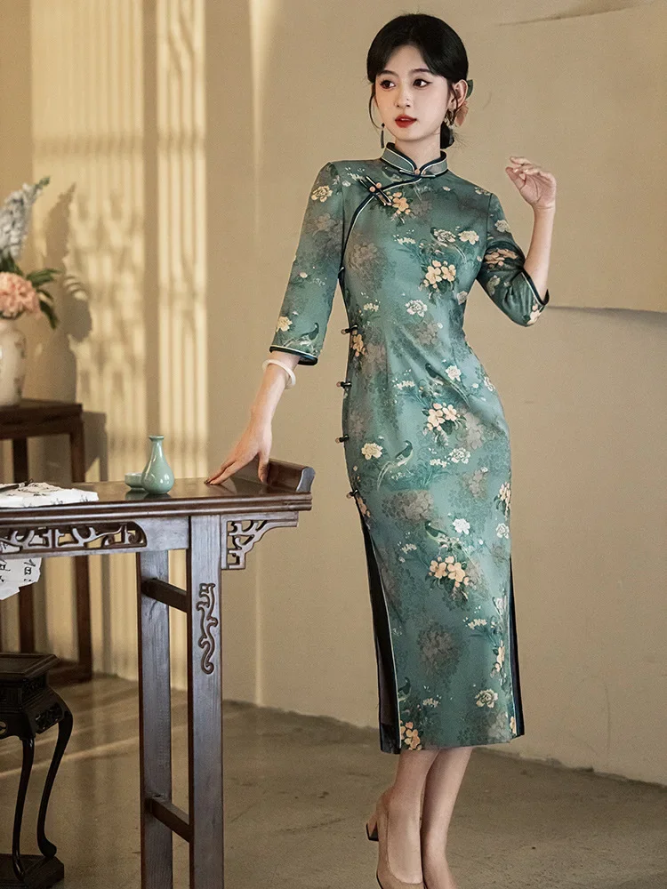 

Новое длинное женское элегантное платье Cheongsam Qipao 2024, осеннее платье в китайском стиле, винтажное сексуальное платье Ципао с воротником-стойкой
