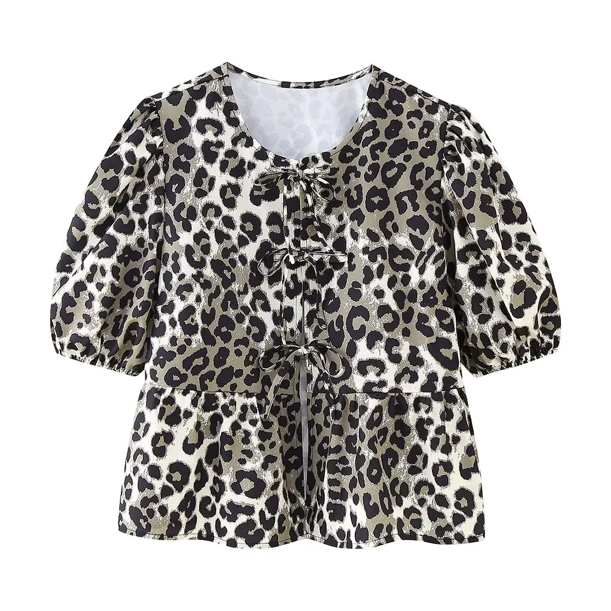 Summer Shirt With Strap Lace-up Leopard Blouse Puff Sleeve Crop Top Women\'s Summer Clothing