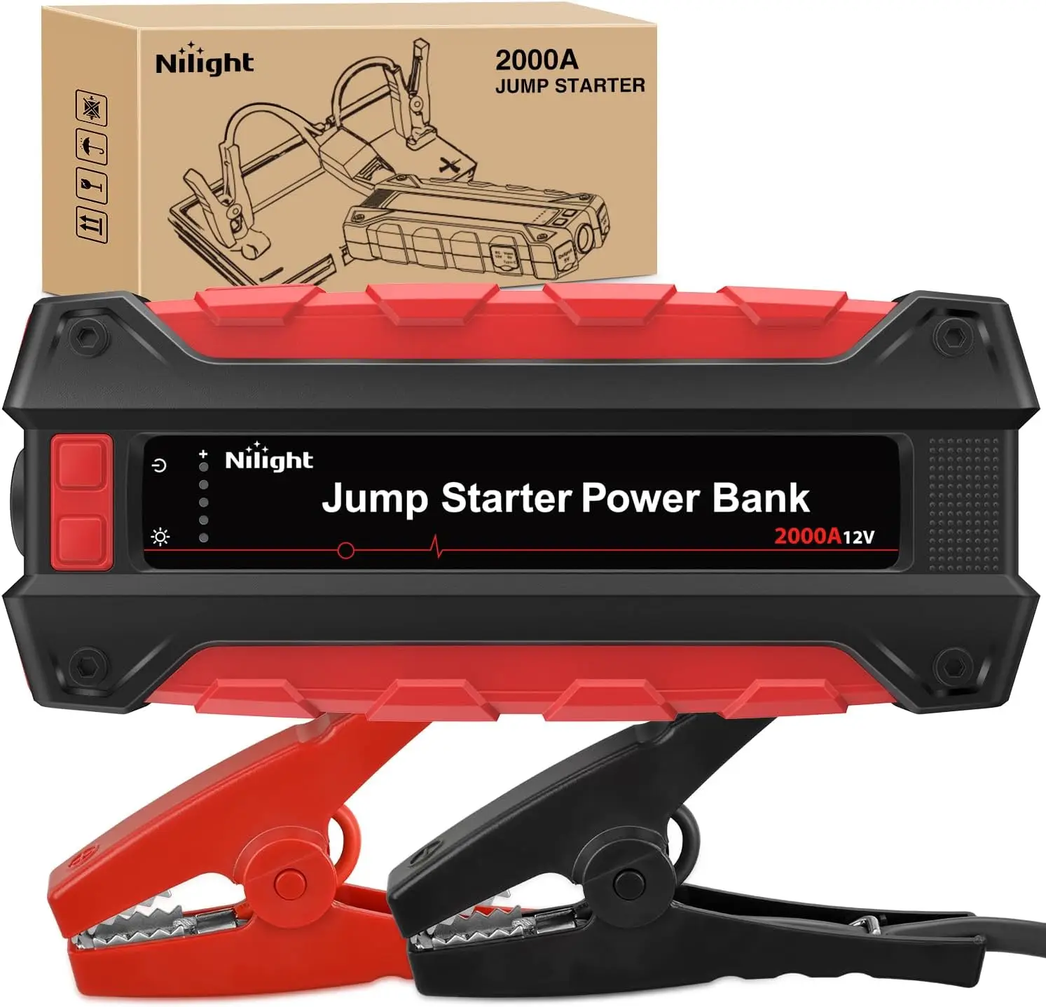 

2000A Portable Car Jump Starter for Gas & Diesel Engines, 12V Booster with Cables, DC Output, LED Light