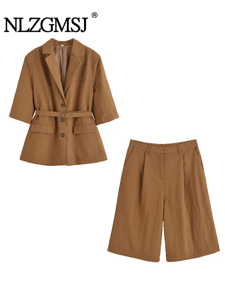 

Casual Solid Shorts Sets For Women 2 Pieces Fashion Waist Lace Up Blazer Coat Tops Sets Elegant Commuting 2 Piece Set