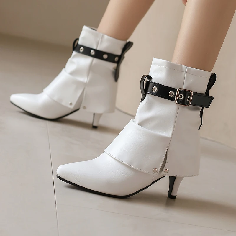 Plus Size Flanged Ankle Metal Belt Buckle Pointed Ultra-High Thin and Sexy Short Boots with Rivets Breathable Fashion Ankle Boot