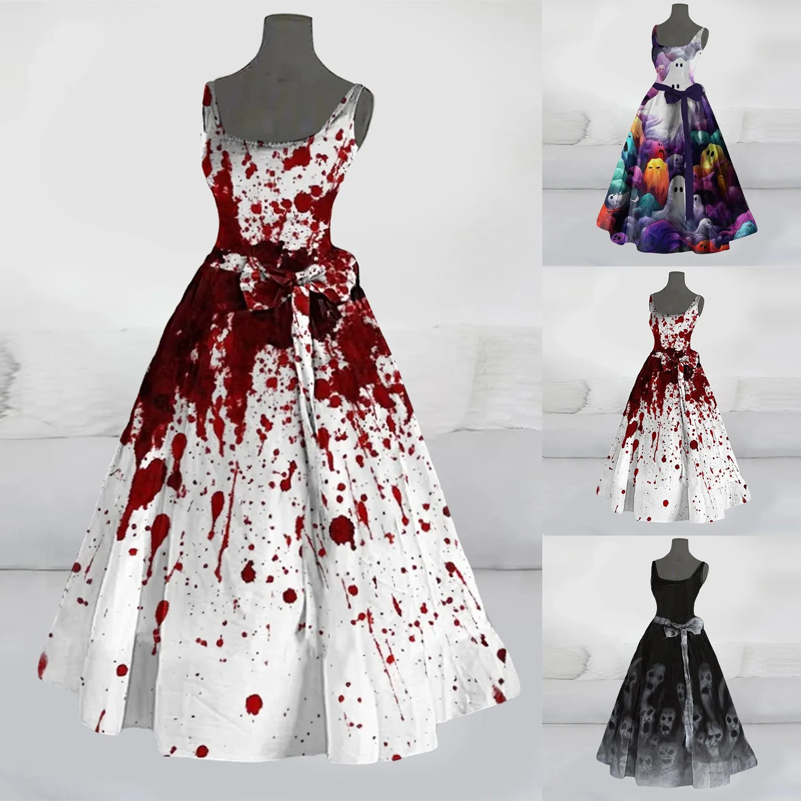 

Halloween Bloody Tie-Dye Horror Ghost Bride Vampire Cosplay Costume For Women Sleeveless Blood Stain Sundress Masquerade Vestido