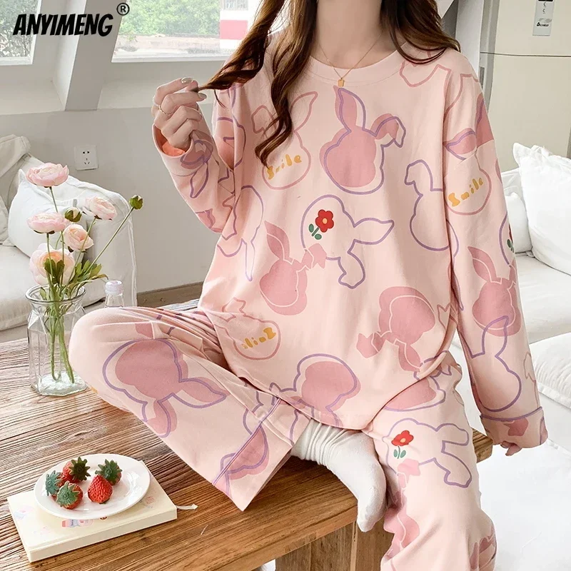 Korean Sweet Women Pajamas Set Autumn Winter New Faux Cotton Sleepwear Casual Long Sleeves Nightwear Cute Girl Cartoon Nightwear