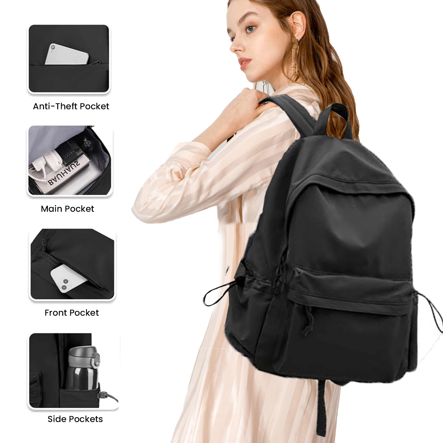 Solid Color Casual Backpack With Laptop Compartment Small Travel Laptop Backpack For Women Men Multi-Pocket Waterproof Backpack