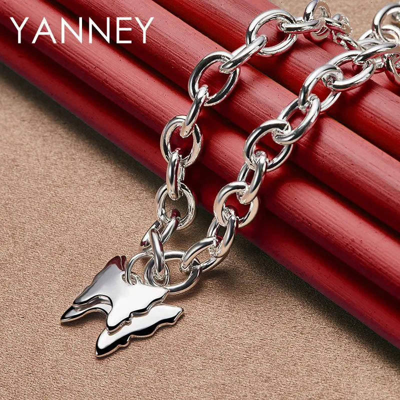

925 Sterling Silver 18 Inches Smooth Double Butterfly Necklace Men Women Charm Fashion Engagement Gift Jewelry Accessories