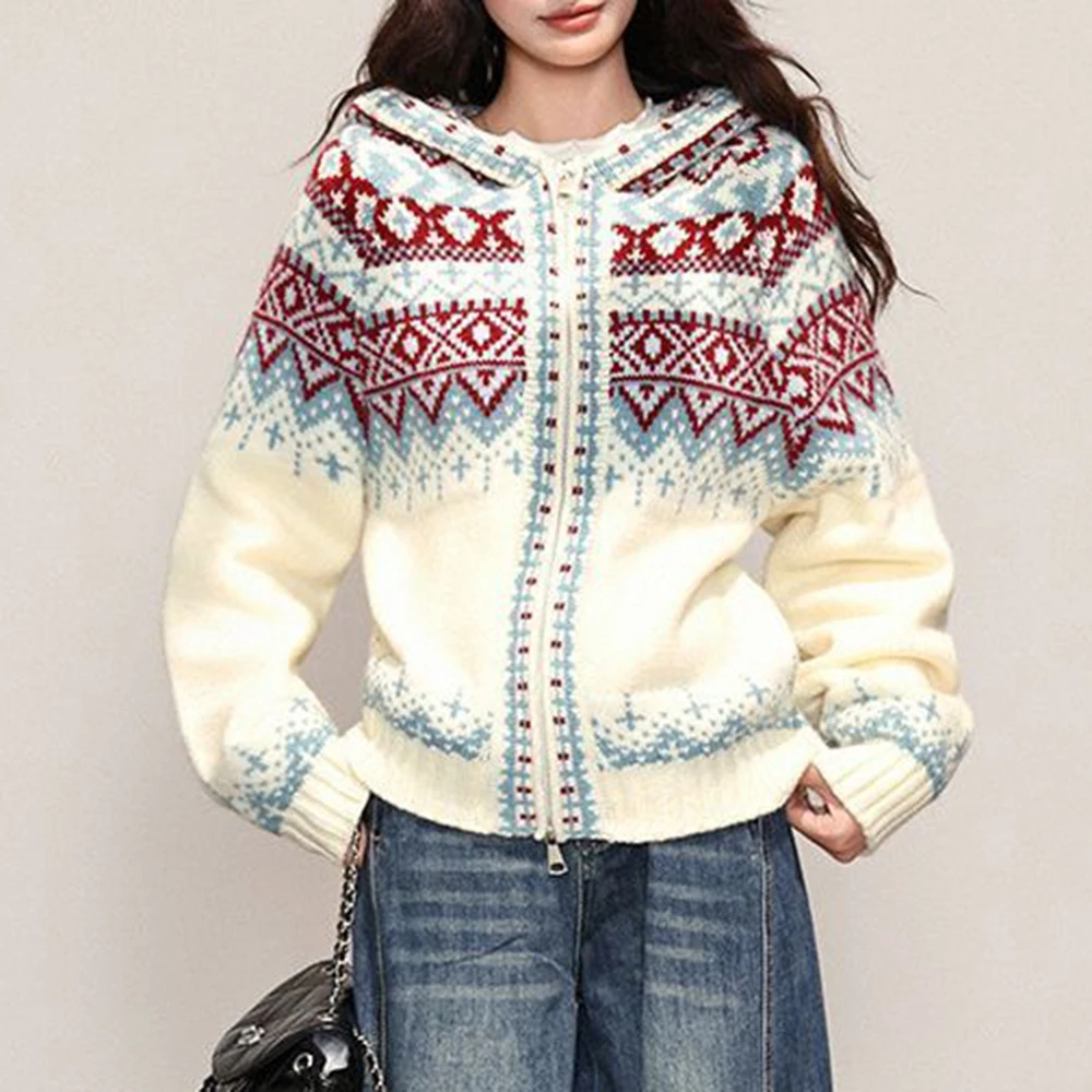 

Осенне-зимний рождественский кардиган Fair Isle с капюшоном, утепленный свитер, свободная премиальная куртка для женщин