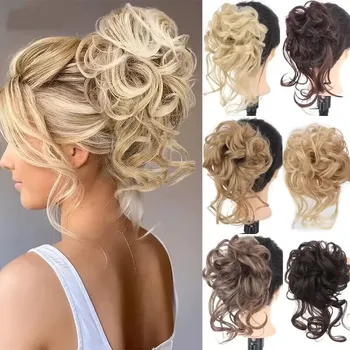 ลู่ปูสังเคราะห์ผม Chignon Messy Curly ผมวงยืดหยุ่น Scrunchy ผมปลอมชิ้นสําหรับผู้หญิง Hairpins สีดําสีน้ําตาล