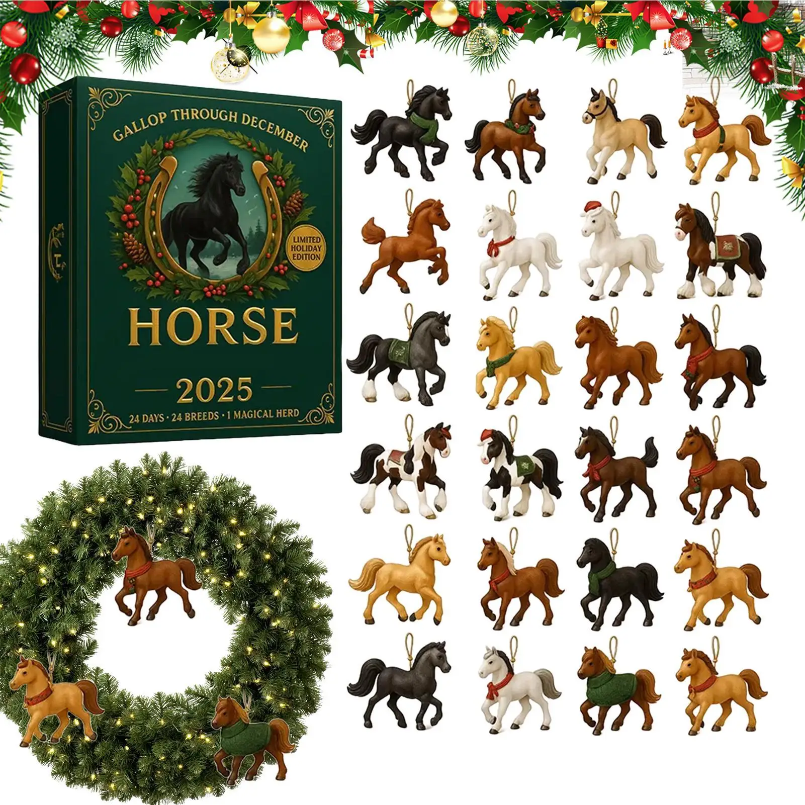 Calendario de Navidad 2025, decoraciones para árboles de Navidad 2D de Adviento, colgante de caballo, calendario de cuenta atrás, regalos de Navidad para niños