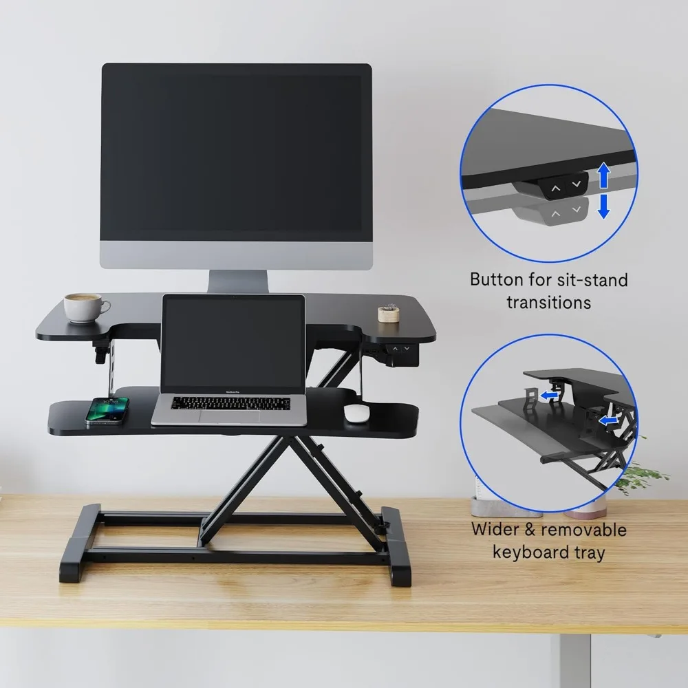 Motorized Standing Desk Converter 32" Black Electric Height Adjustable Stand up Desk Riser with Quick Release Keyboard Tray