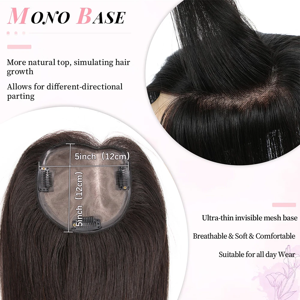 女性用バージン人毛ヘアピース、薄毛用ヘアピース、前髪なし、クリップ式ヘアピース、5x5インチモノトップベース、左分け