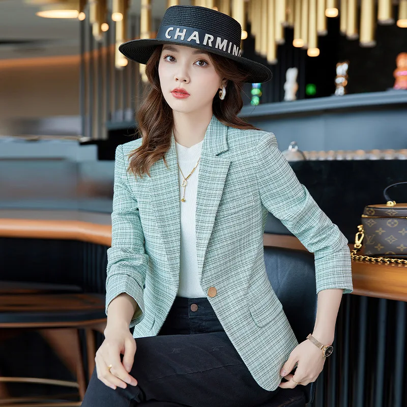 

Fashion New Spring Fall Woman Midnight Navy Single Button Plaid Blazer Slim Coat Office Lady Casual Jacket Suit Girl Top Clothes