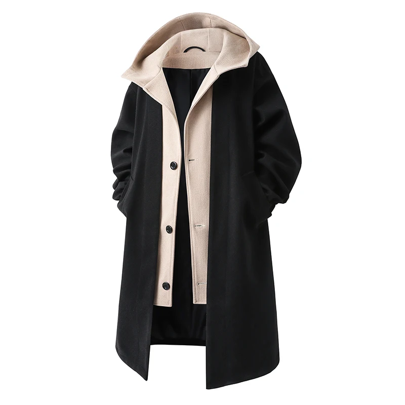 

Осень 202, мужской толстый плащ с капюшоном, мужская корейская длинная куртка, мужская лоскутная верхняя одежда, молодежное повседневное шерстяное пальто, свободное пальто