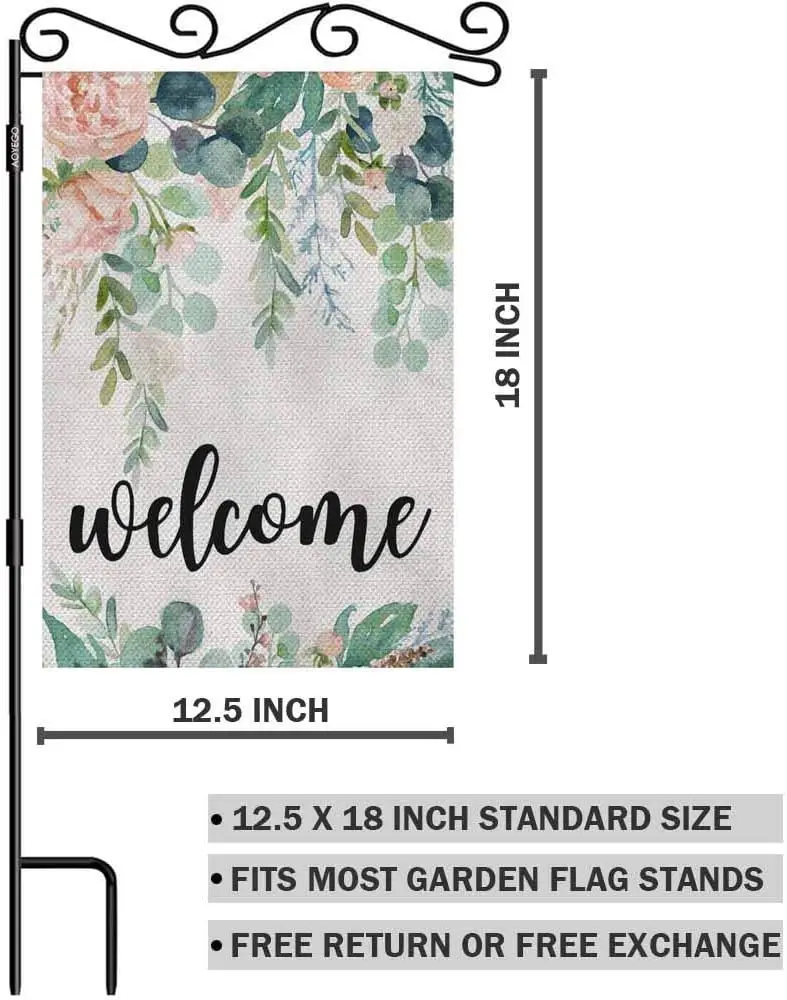 AOYEGO Welcome Watercolor Floral Garden Flag Small Vertical Double Sided 12.5 x 18 Inch Wreath Frame Vivid Flowers, Green Le SSL