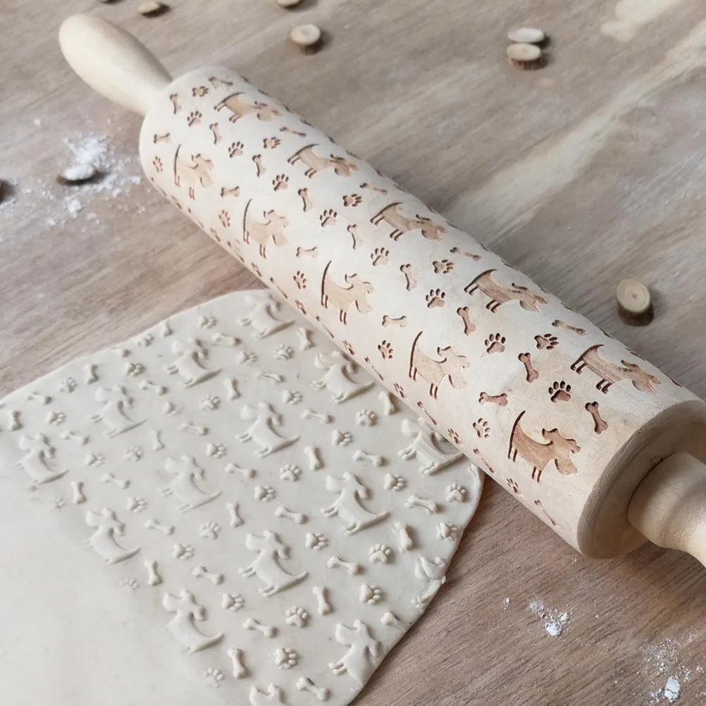 

Wooden Dog Rolling Pin Bone Pattern Embossing For Baking Pizza Pastry Cookie Dough Fondant Non-Slip Handle Wood Rolling