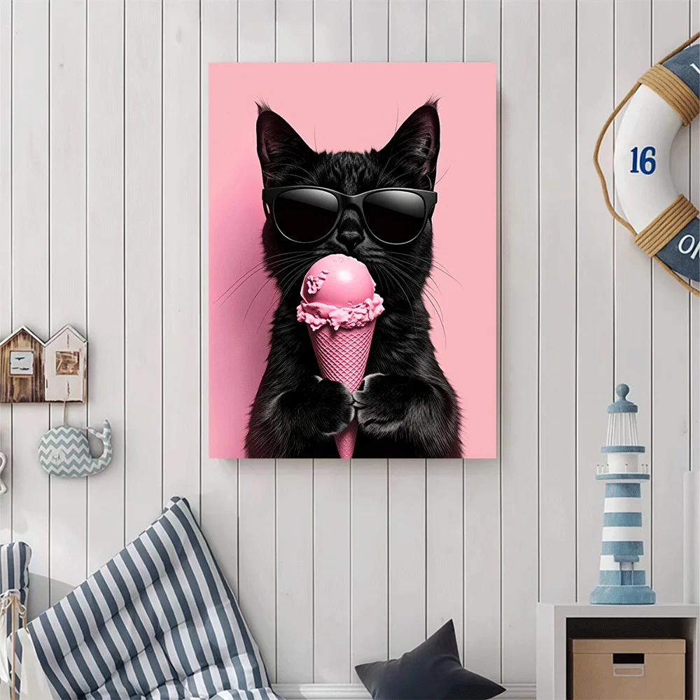 1PC-Canvas poster Unframed  Black Cat With Sunglasses Eating Pink Ice Cream Art Print  summer