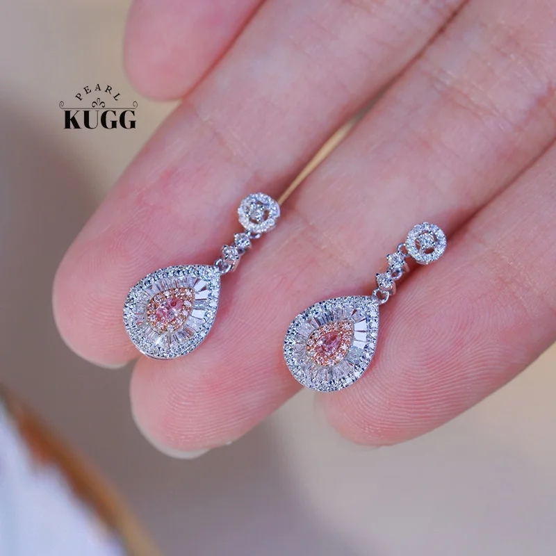 KUGG 100% 18K White Gold Earrings Elegant Style Real Natural Pink Diamond Drop Earrings for Women High Wedding Jewelry