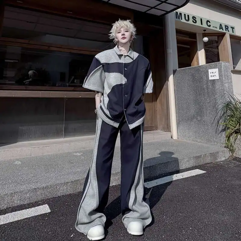 WTHT Fashion Men's Suit Spliced Contrast Color Loose Lapel Shirts Casual High-waisted Straignt Pants Set Male 2025 Summer 2A0796 - Image 2
