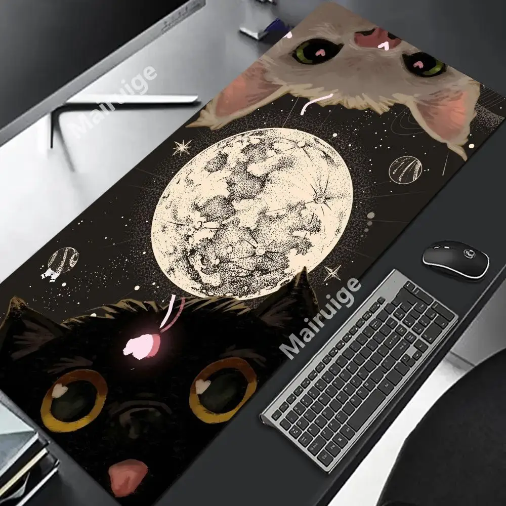 Alfombrilla de ratón de gato negro, alfombrilla de ratón grande, alfombrilla de ratón Kawaii en blanco y negro, accesorios de oficina para ordenador, alfombrilla de escritorio personalizada de 90x40