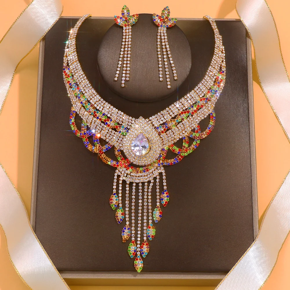 Stonefans Colorful Crystal Necklace Earrings Set Water Drop Accessories High Quality Dubai Bridal Tassel Jewelry Set Women Dress