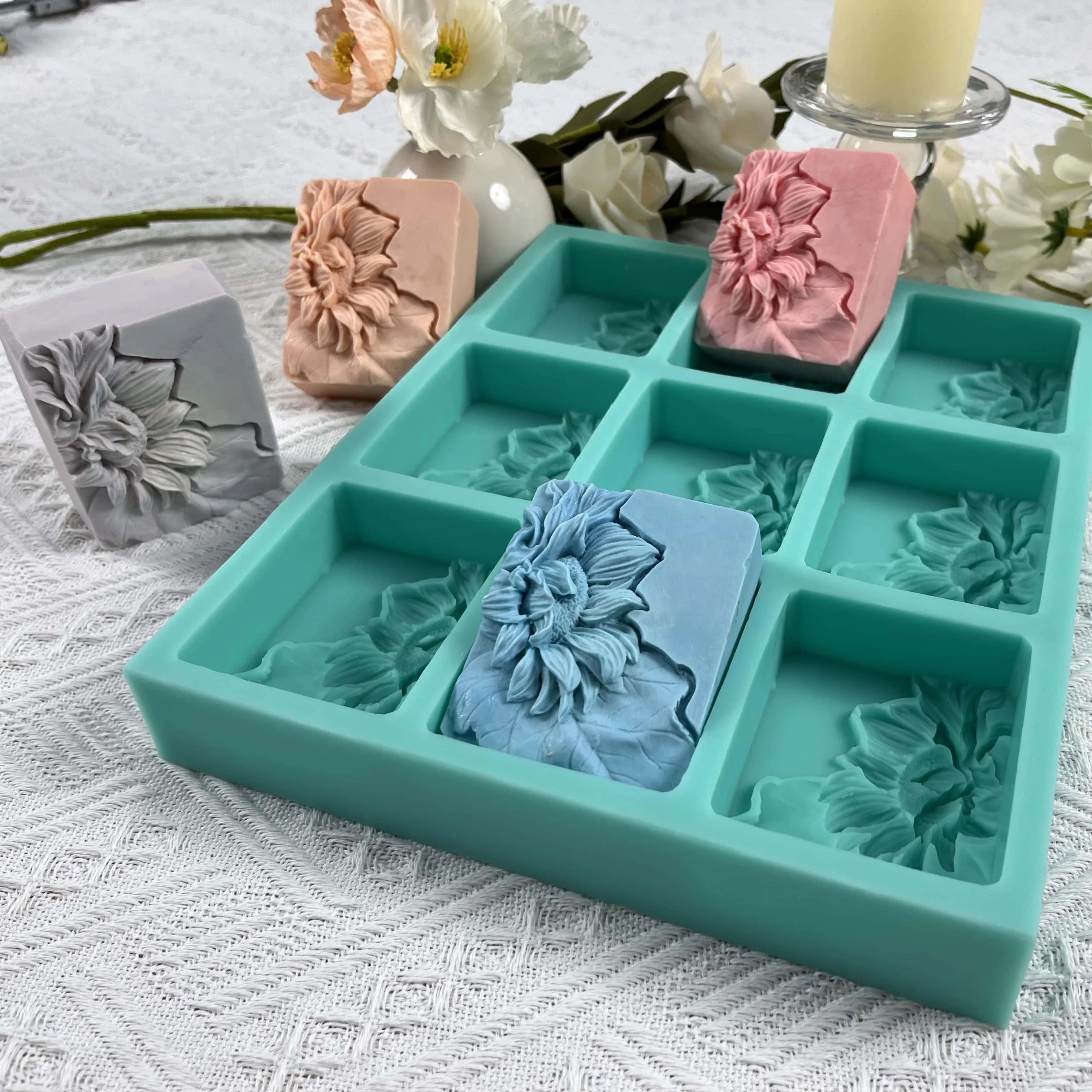 9 Cavities Sunflower Soap Tray, Silicone Mold for Soap Making,Candle Wax, Chocolate Cake,Plaster Resin Craft  Mould