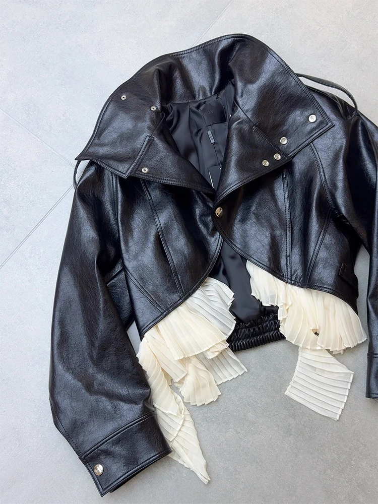 Cool Black PU Leather Jacket Women's Unique Design Sensation Special  Versatile Matching Jacke Top Korean Style