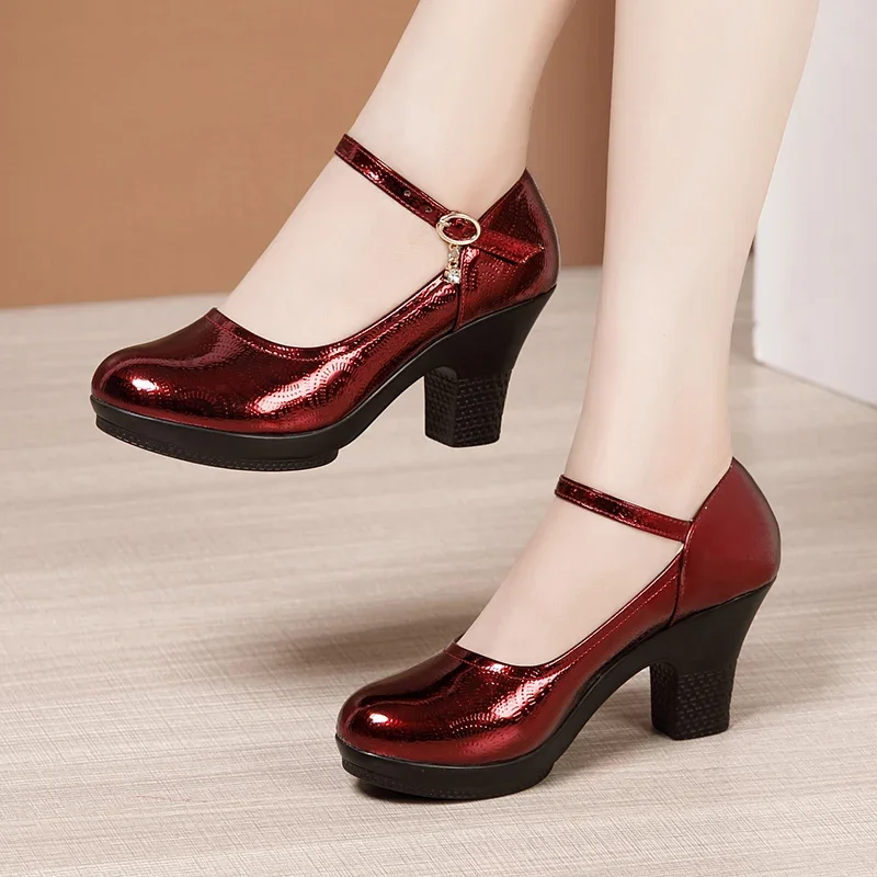 Small Size 32-43 Fashion Shallow Patent Leather Shoes Women\'s Platform Pumps 2024 Fall Med Block Heels Shoes Office Mom Dance