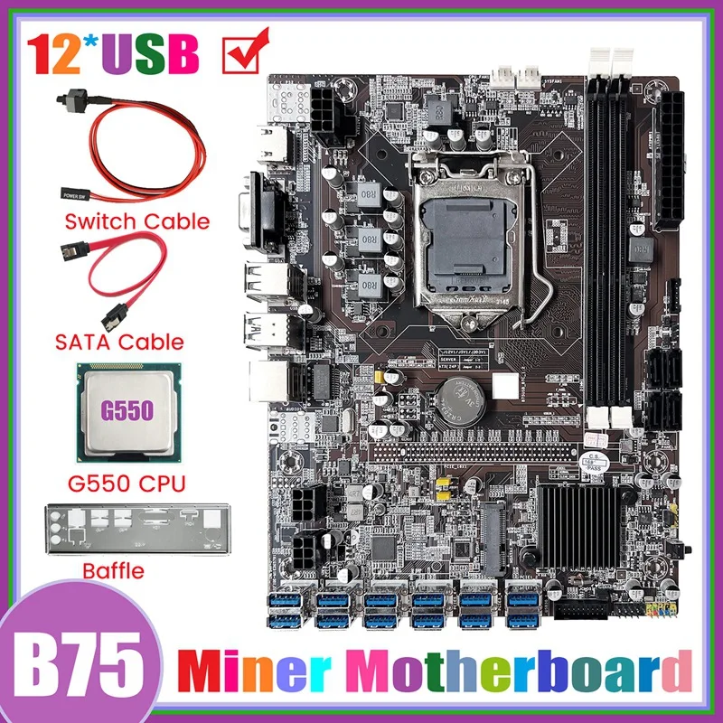 

Motherboard Black Motherboard +G550 CPU+SATA Cable+Switch Cable Support 2XDDR3 RAM USB3.0 B75 12USB Miner Motherboard