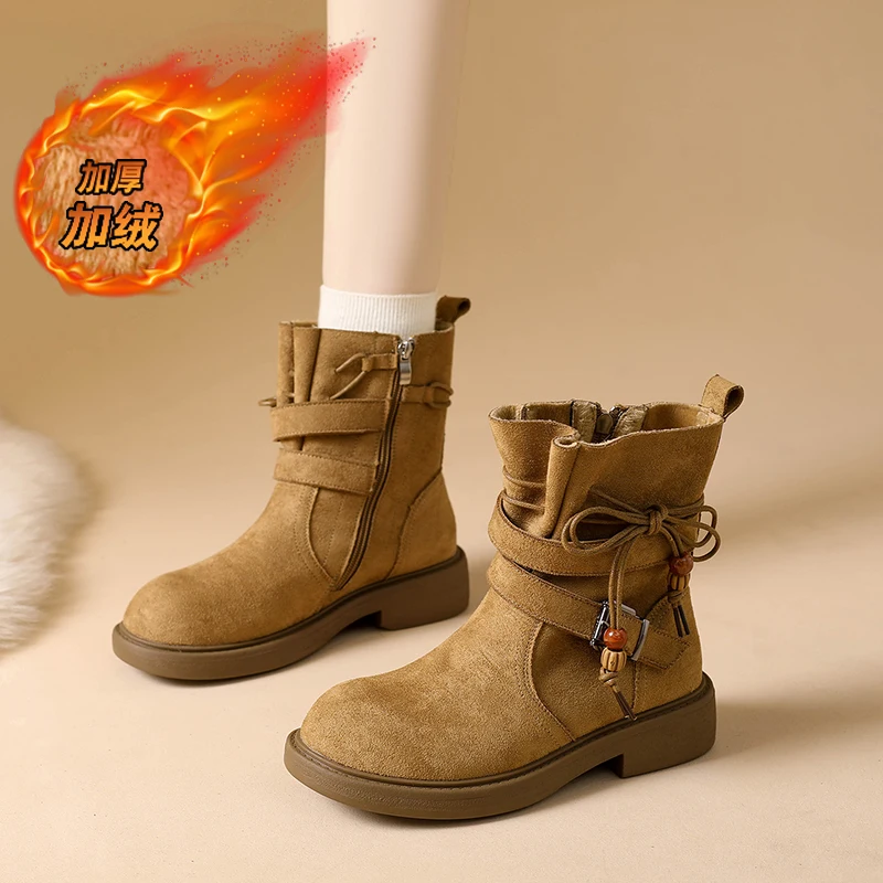 

CRLAYDK Fashion Women's Slip On Boots Casual Short Vintage Beading Walking Suede Leather Winter Shoes Ladies Ankle Booties