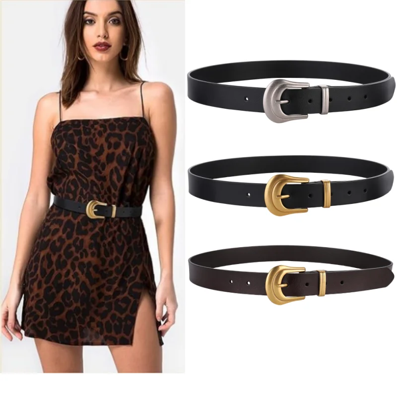 

Fashion Western Women's Belt Vintage Black Genuine Leather Waist Belt for Pants Jeans with Gold Buckle