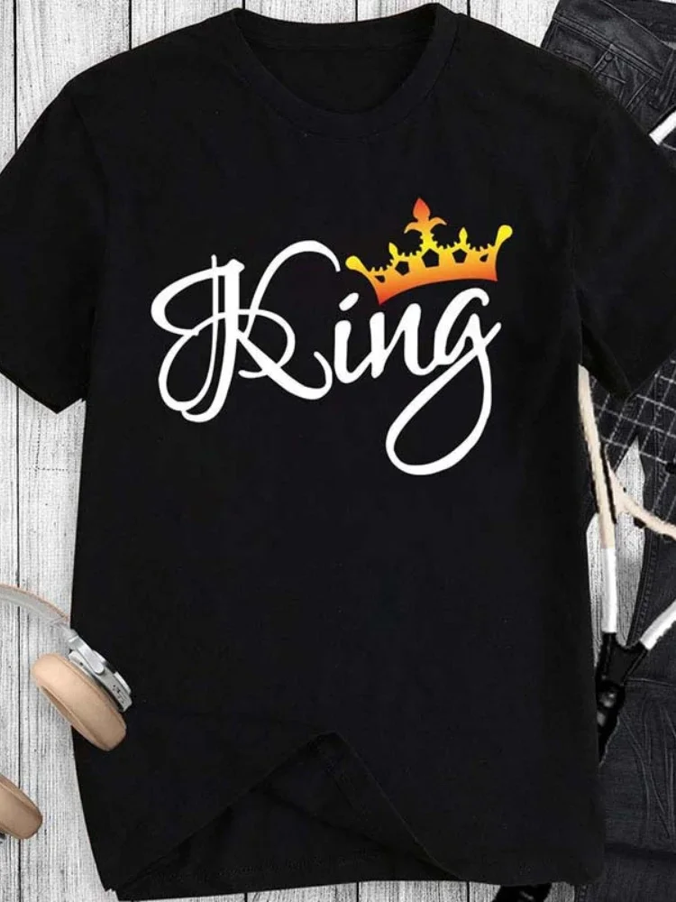 KING QUEEN Crown Print Couple T Shirt Lovers Short Sleeve O Neck Loose Tshirt Fashion Woman Man Tee Shirt Tops Clothes