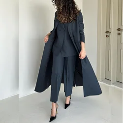 Elegant Navy Blue Luxury Women Suits Double Breasted Notch Lapel Long Blazer Formal Business Office Lady 3 Pcs Jacket Pants Vest