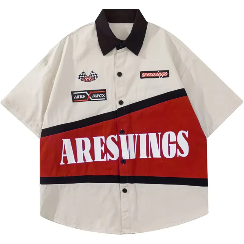 Motorcycle Men's Short Sleeve Shirts Korean Popular Clothes Top Summer Y2k Letter Embroidery Race Car Cargo Shirt T-Shirt Men
