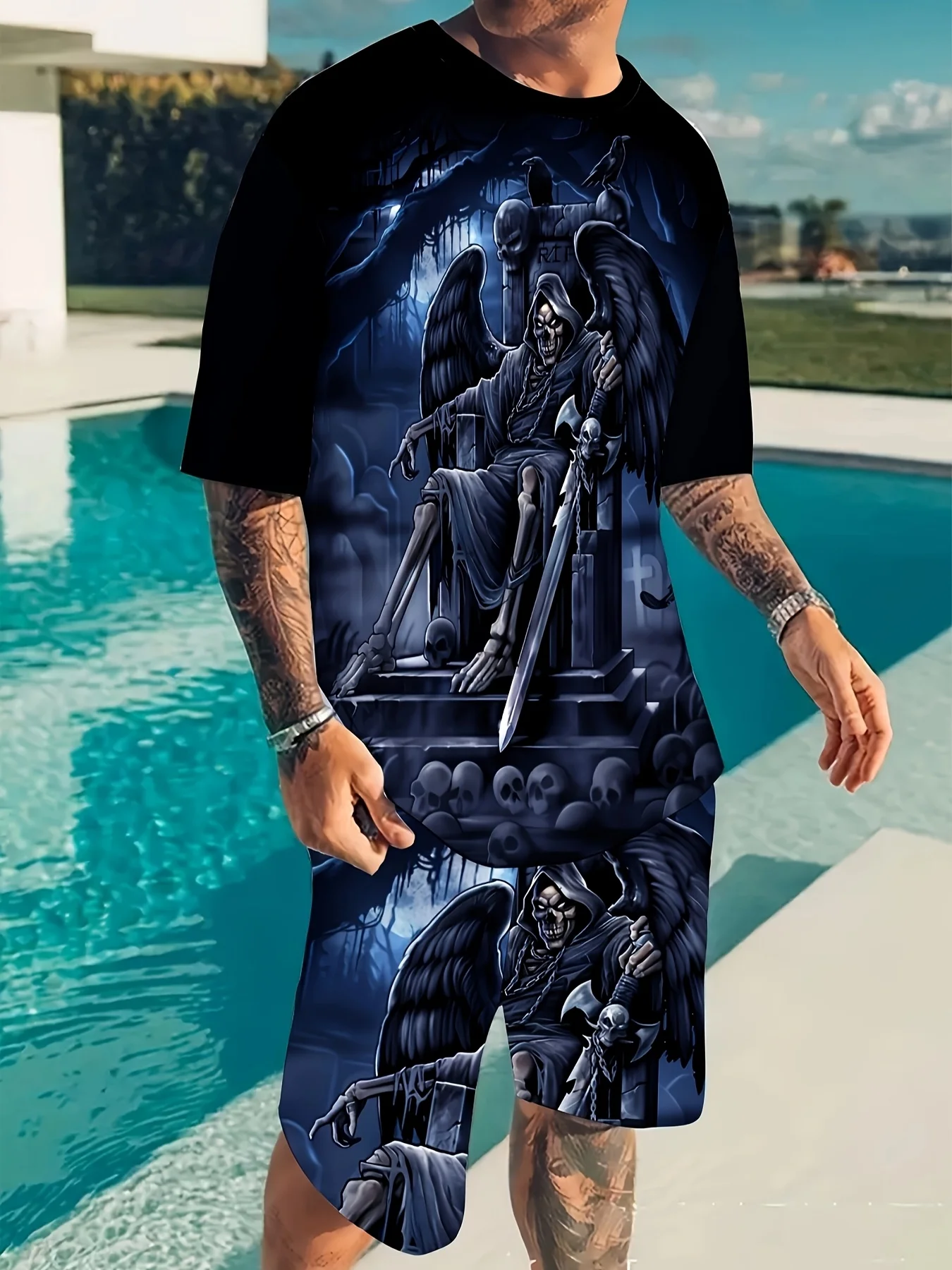 

Vacation Casual Short Sleeve T Shirt Outdoor Street Shorts Summer Men's Short Sleeve Shorts Set Mens Skull Printed Set Hot Model