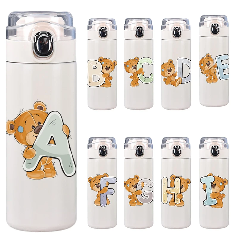 

400ML Cartoon Letter Printed Lovely A-Z Thermos Bottle Stainless Steel Vacuum Water Bottle Kid Travel Cup Coffee Milk Cup White