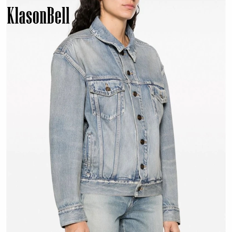 

5.2 KlasonBell Neutral Style Denim Distressed Washed Jacket Lapel Metal Button Single Breasted Men Women Outerwear