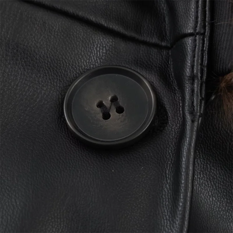 Damenmantel 2025, Herbst/Winter, neuer Stil, schwarzer Langarmmantel mit Kunstledereffekt und dekorativem Pelzkragen, High-End