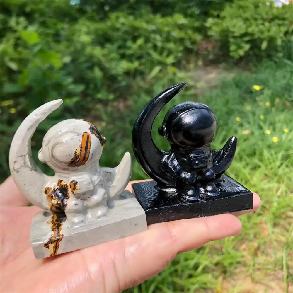 Natural black obsidian rhodonite spaceman quartz Statue Carving Healing Polished Mineral Home Decor Ornament Figurine