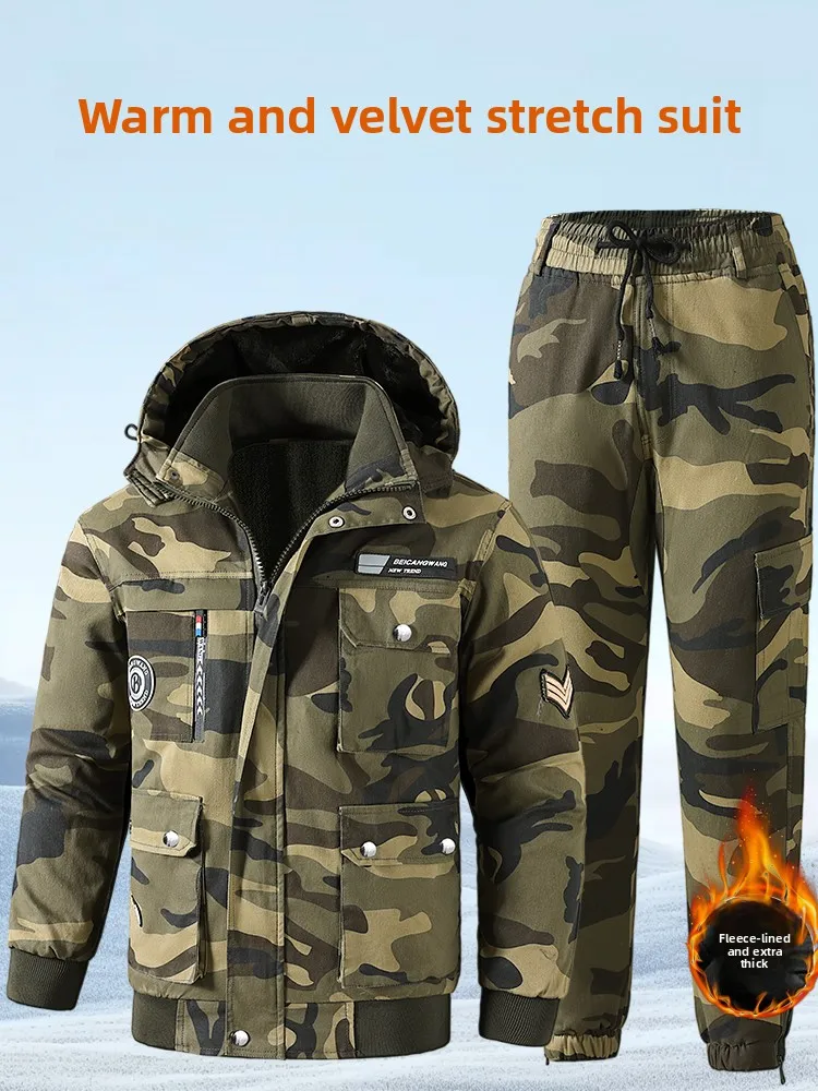 

Thiened Fce Pure Cotton Camouflage Workwear Set for Men Winter Work orm Anti-Cold Welding Protective Suit
