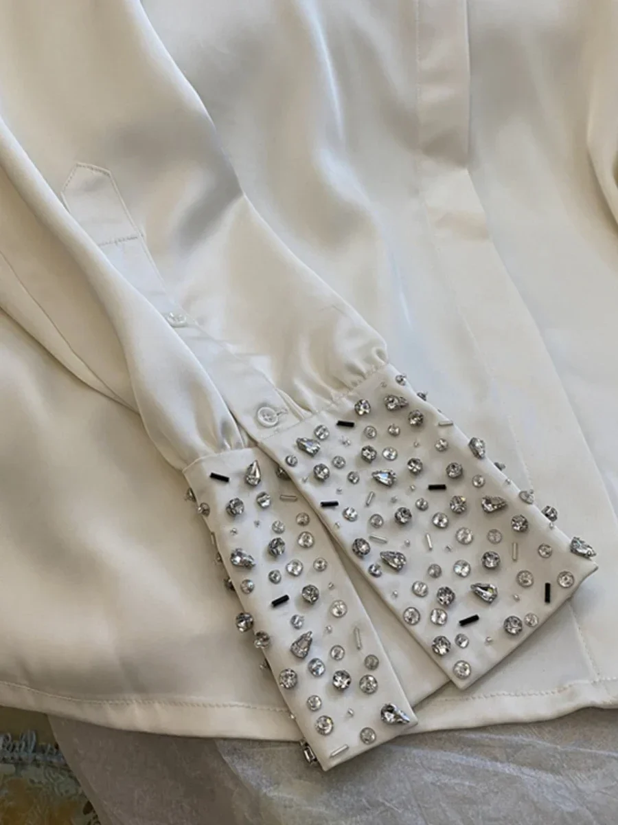 New Autumn Women\'s Fashion Elegant Exquisite Rhinestone High-grade Shirt Ladies Office Lady Simple Blusas Long-Sleeved Blouses