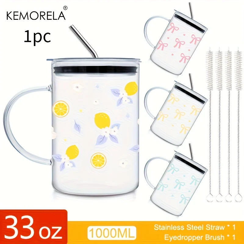 1 Stück 1000ML Glaskrug mit Schleifenknoten-Design, Deckel und Strohhalm-Griff aus Hochborosilikatglas, Wasserbecher, Kaffeebecher, Sommer- und Winter-Trinkgefäß