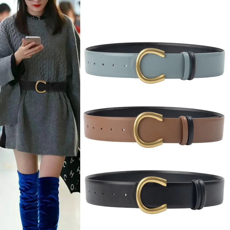 

Double-faced Genuine Leather Solid Waistbands for Women 4.8CM Fashion Cowhide White Red Grey Blue Waist Belts Dress Cinturon