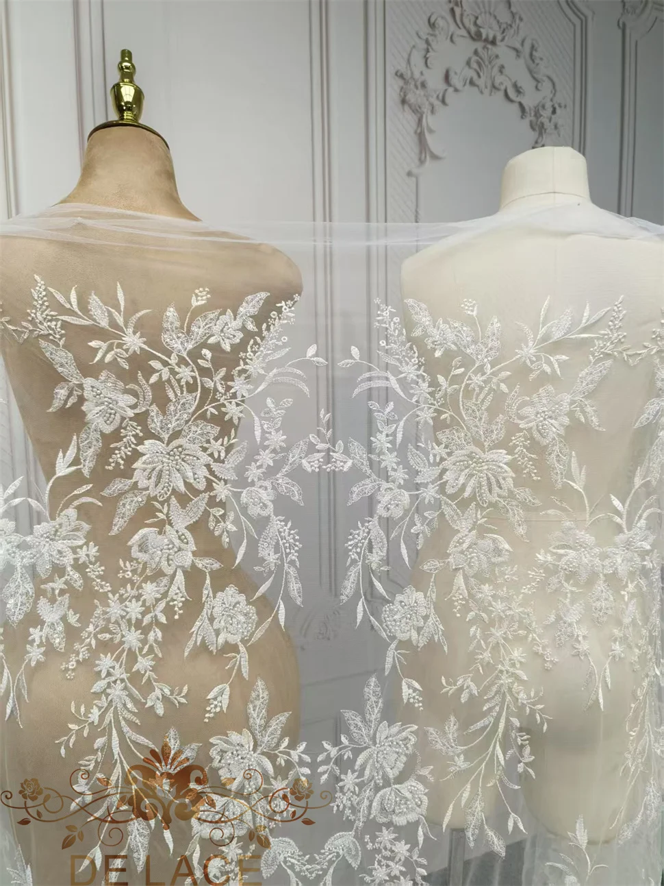 

Exquisite Floral Embroidered Lace With Beaded Wedding Gown Accessories Bridaldress Lace Fabric Applique with Embroidery