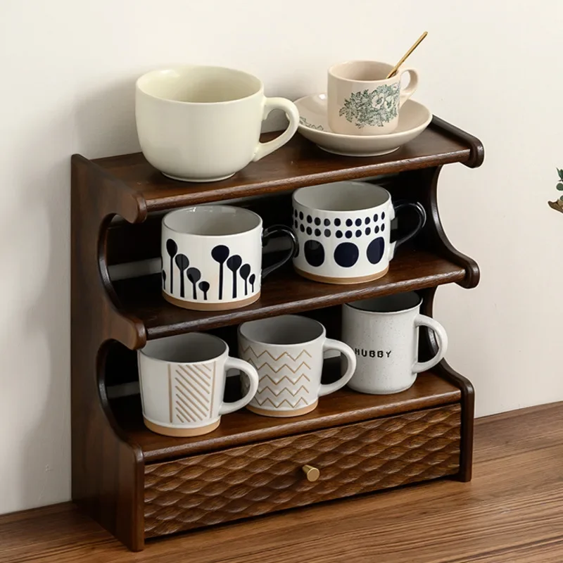 

Black Walnut Tabktop Cup Rack Multi-layer Household Living Room Coffee Cup Storage Rack Vintage Mug Display Cabinet