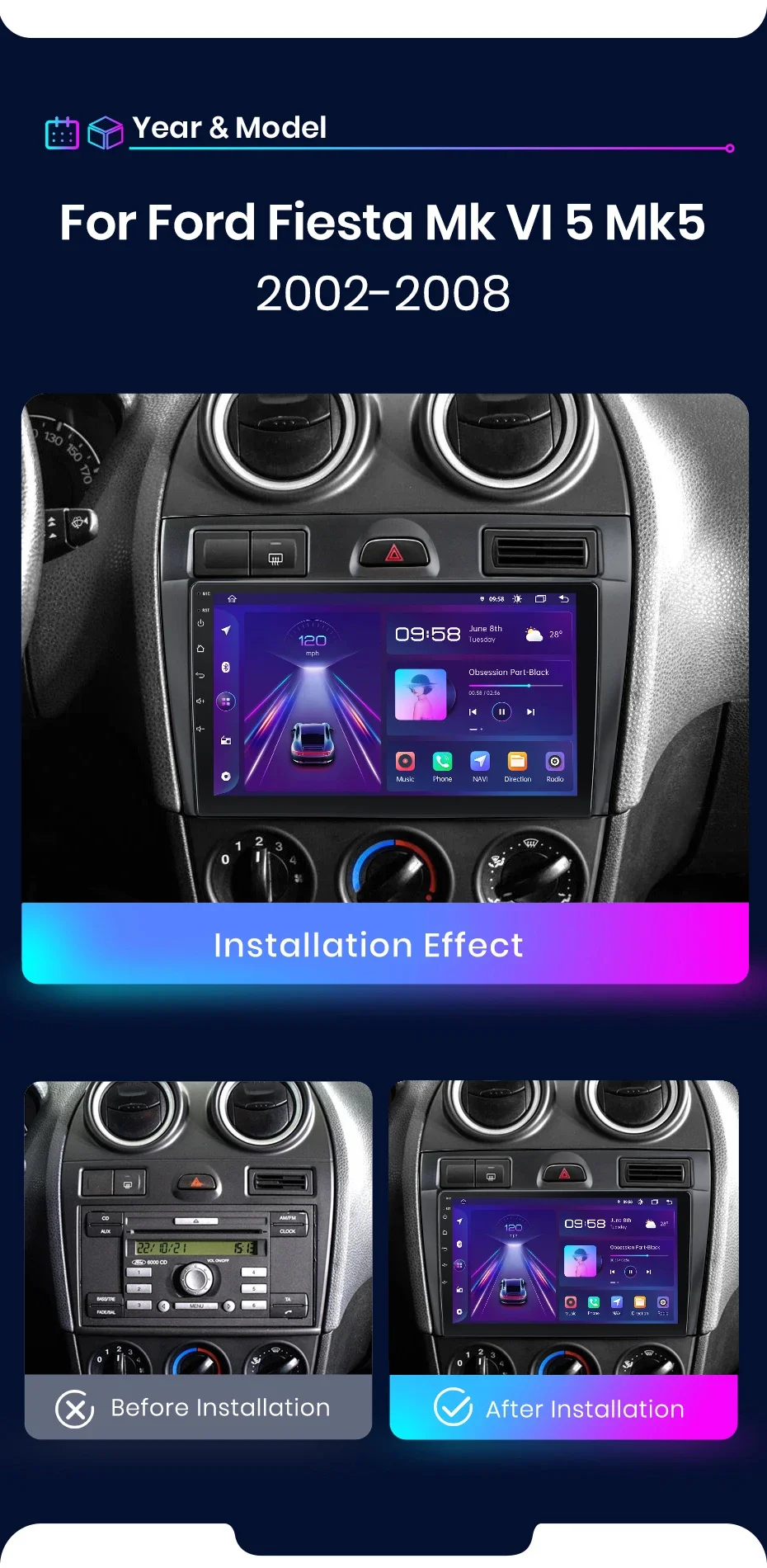 Junsun Drahtlose CarPlay Android Auto Radio Für Ford Fiesta Mk VI 5 Mk5 2002-2008 Auto Intelligente Systeme RDS BT 2 din autoradio – Detail 5