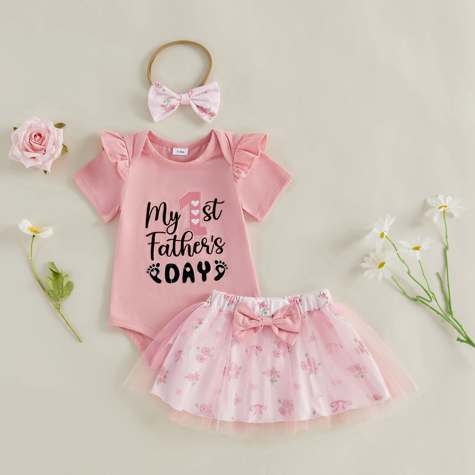 3Pcs Infant Girl My First Father's Day Outfits Crew Neck Ruffle Letters Embroidery Romper Floral Print Skirt Headband Set
