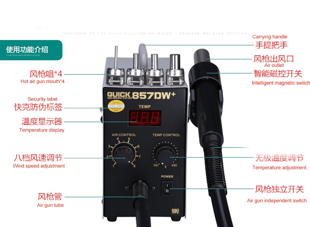 Soldering Stations EU PLUG QUICK 857Dw + Adjustable Hot Air Heat Gun Helical Wind 580W SMD Rework Station