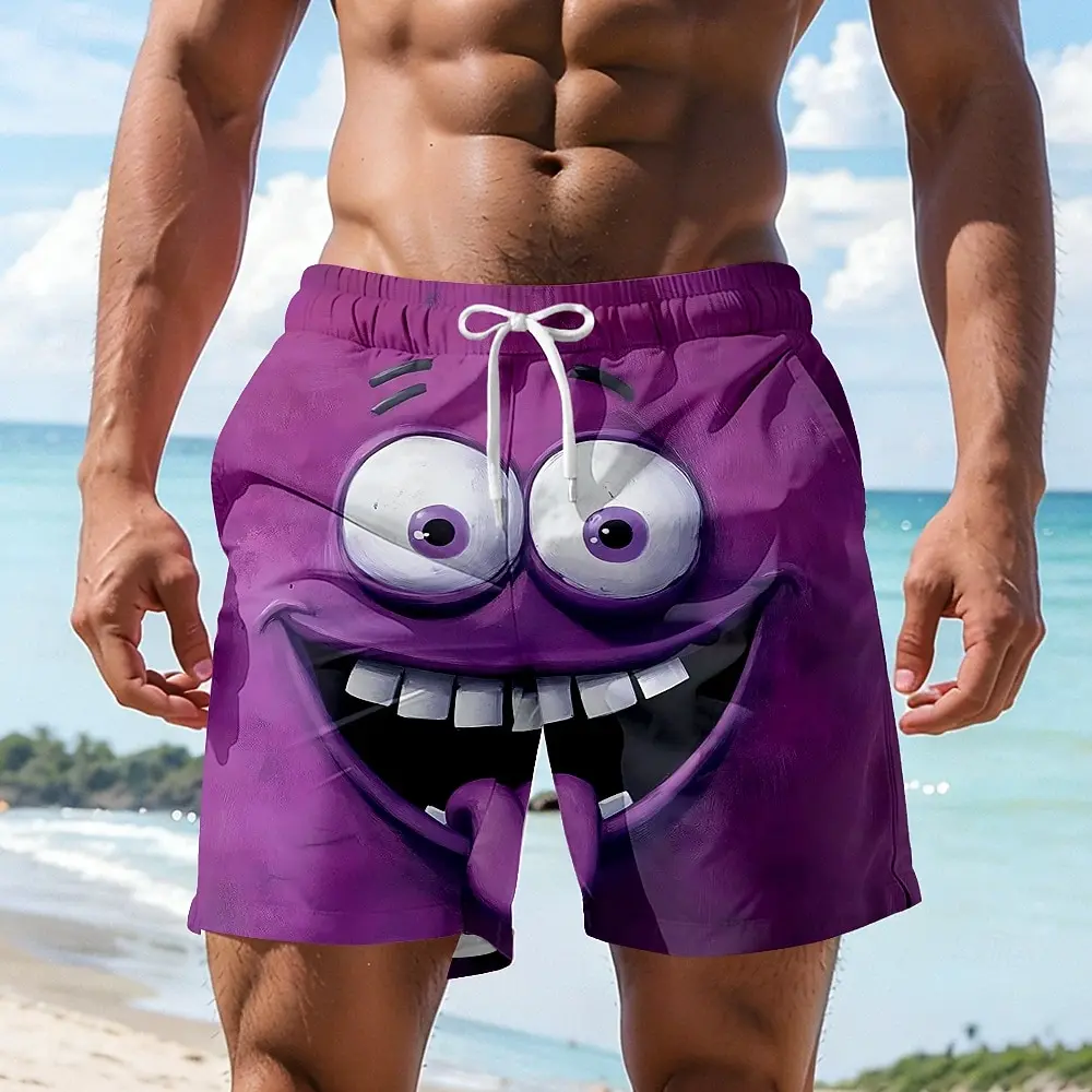 Men's Vision 3D Cartoon Smiley Face Swimsuit Shorts, Hawaiian Fun Beach Vacation Surfboard Shorts